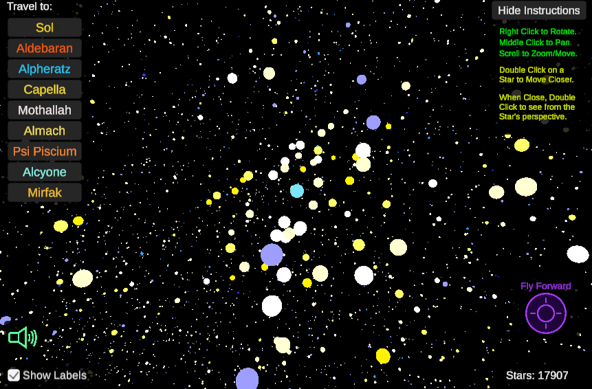 NASA Space Apps collaboration showing a Pleiades star field interface