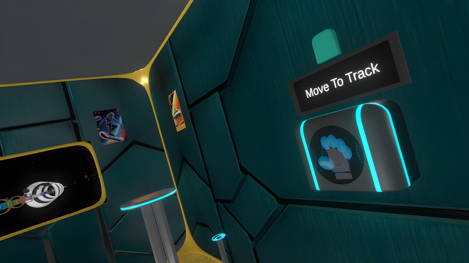 Inside the Max Twist VR lounge with neon race interface elements