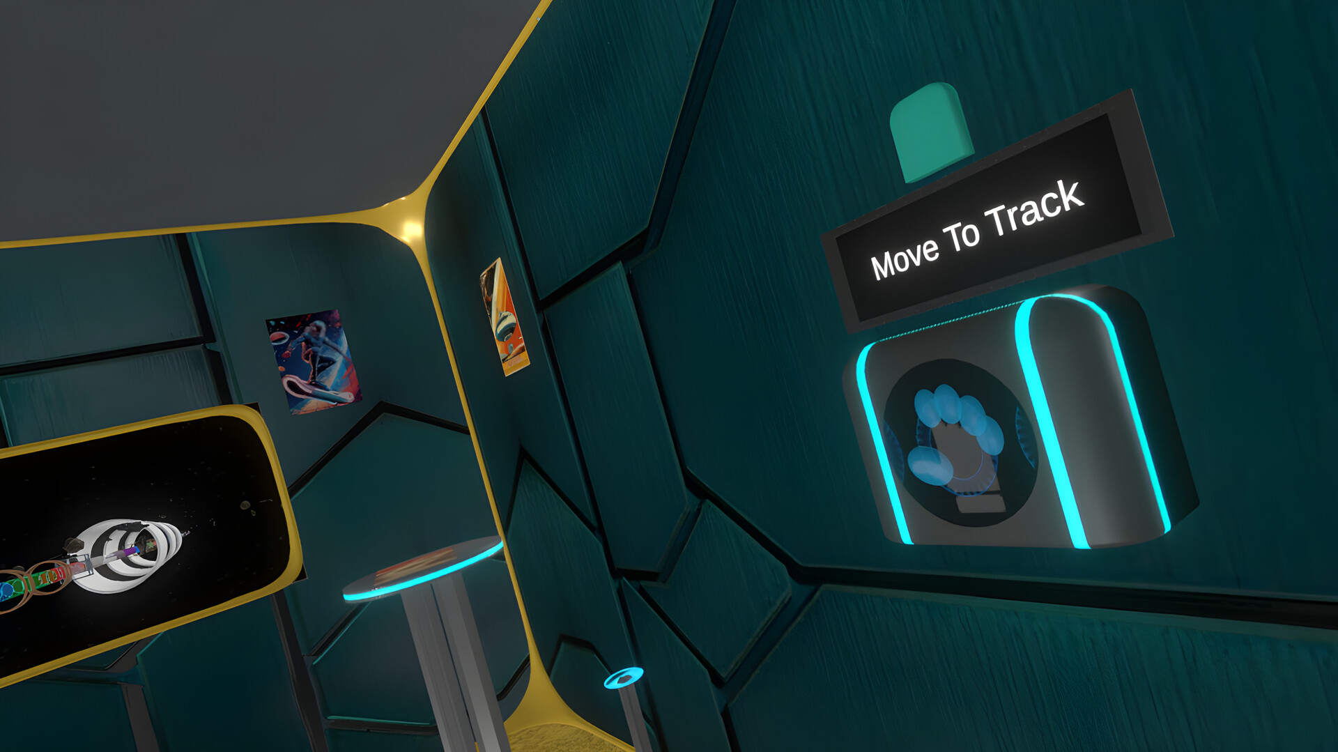 Inside the Max Twist VR lounge with neon race interface elements