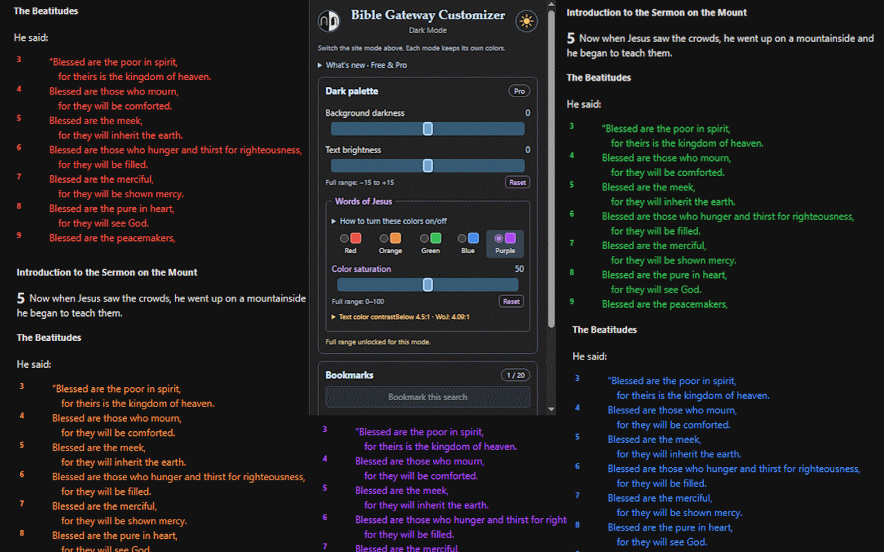Customizer Pro popup surrounded by passages showing red, orange, green, blue, and purple Words of Jesus text