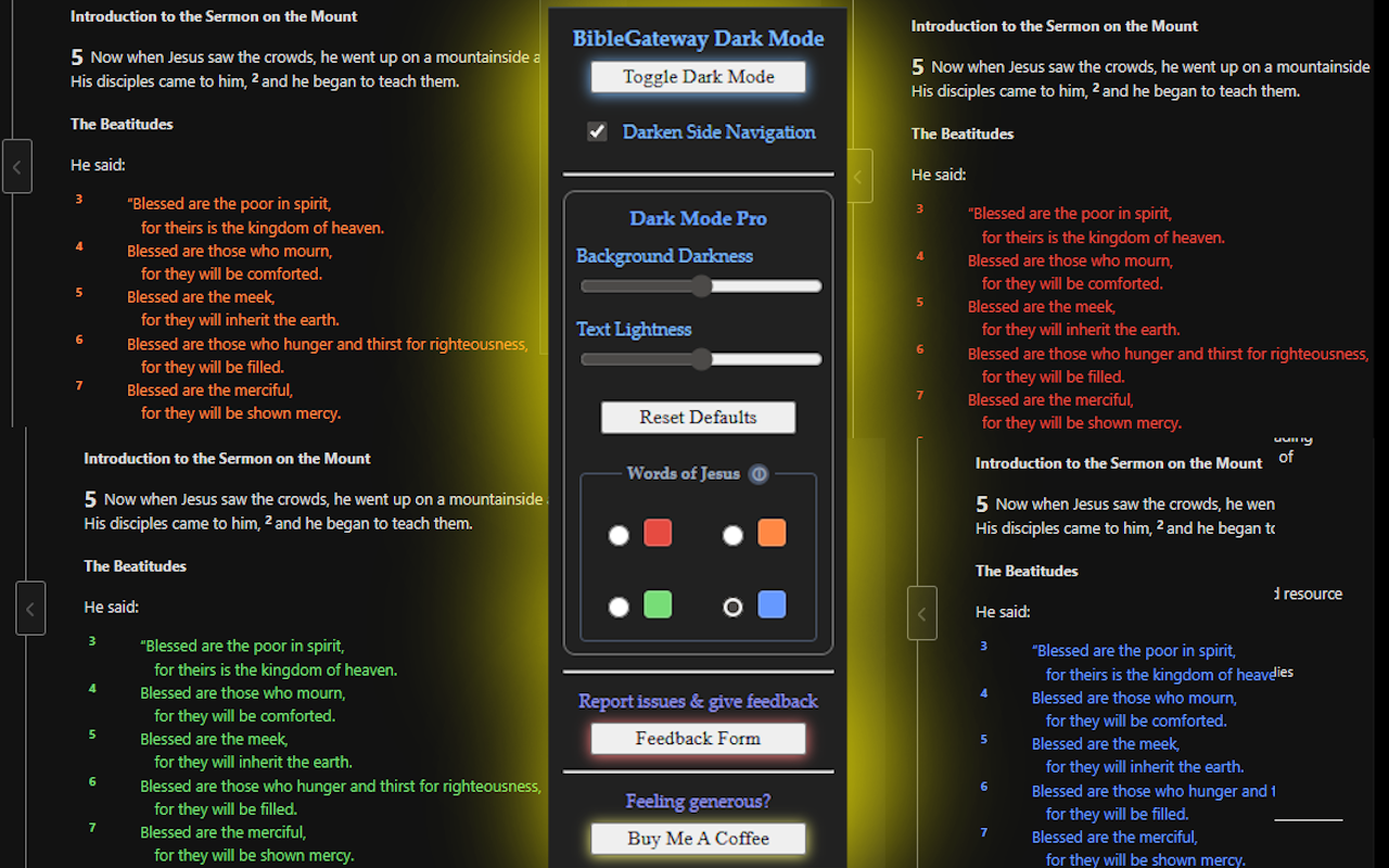 Bible Gateway Dark Mode Pro Palette color controls