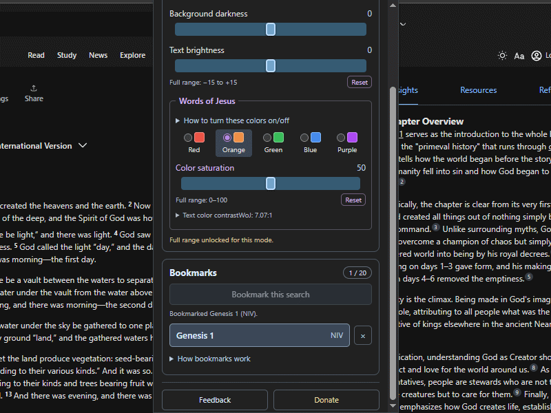A saved Genesis 1 bookmark with the NIV translation, a separate remove button, and a 1 of 20 bookmark count