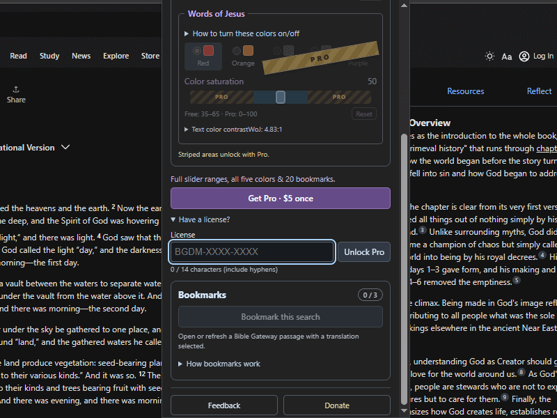 The extension's expanded Have a license panel, with an empty License field and Unlock Pro button