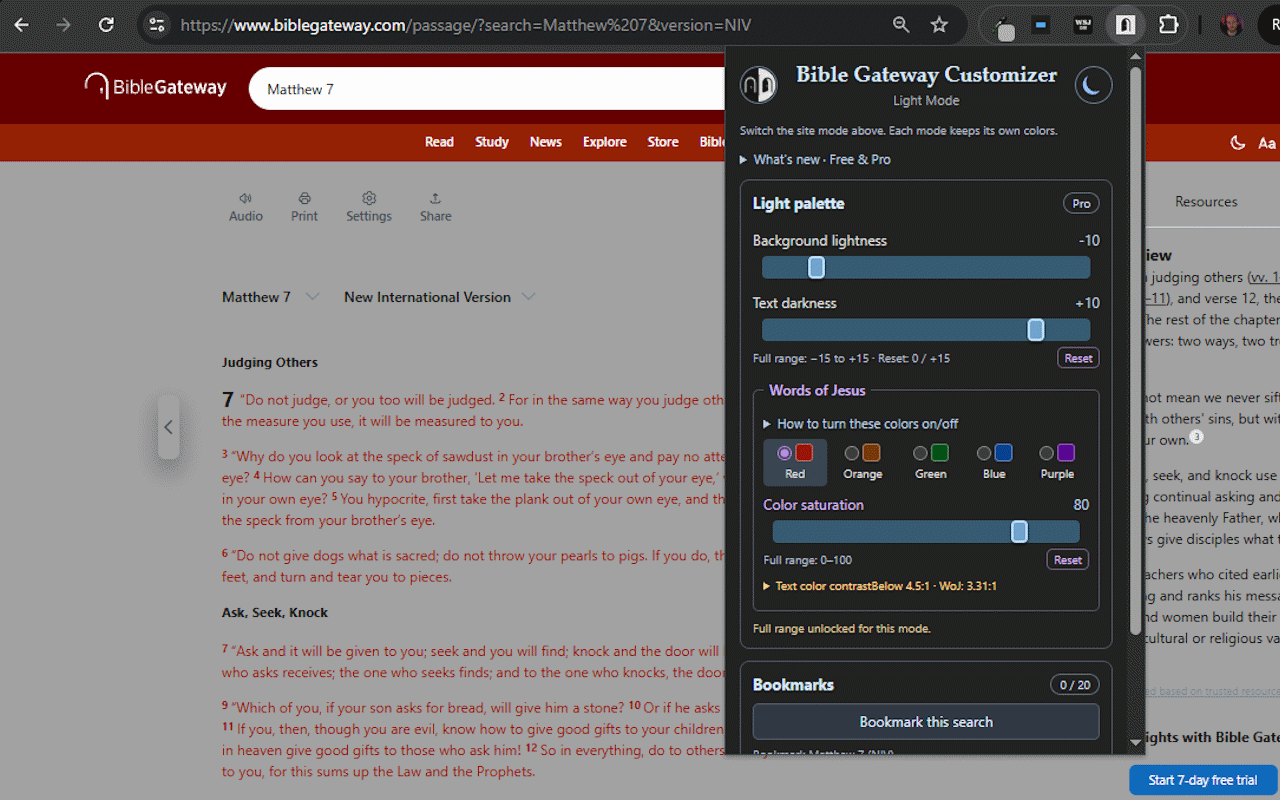 Customizer Pro's Light palette on Matthew 7, with background lightness, text darkness, and color saturation controls