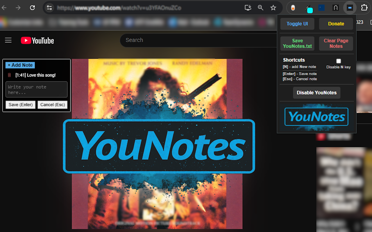 YouNotes promotional image showing timestamped notes beside a YouTube video