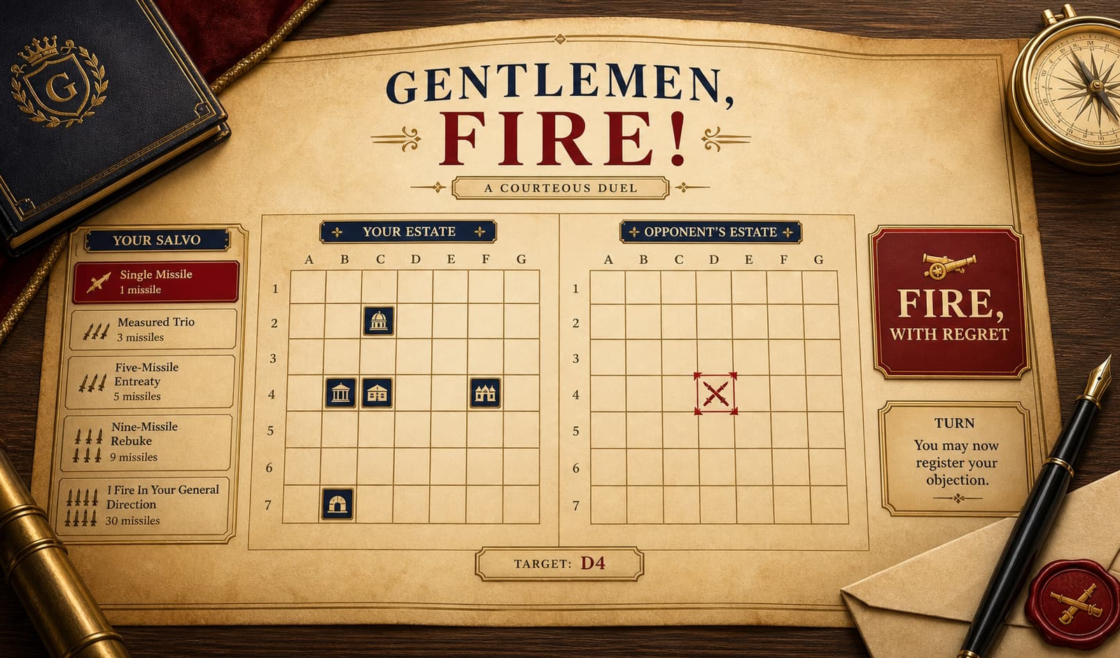Gentlemen, Fire missile duel interface framed as an old-world estate strategy board
