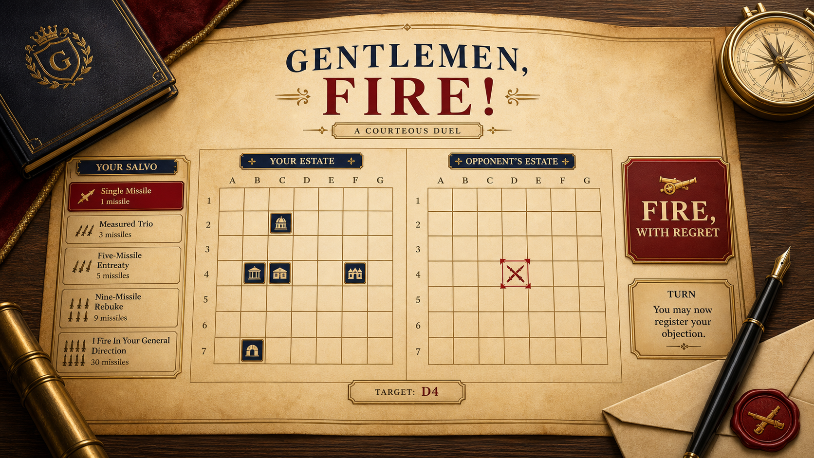 Gentlemen, Fire missile duel interface framed as an old-world estate strategy board